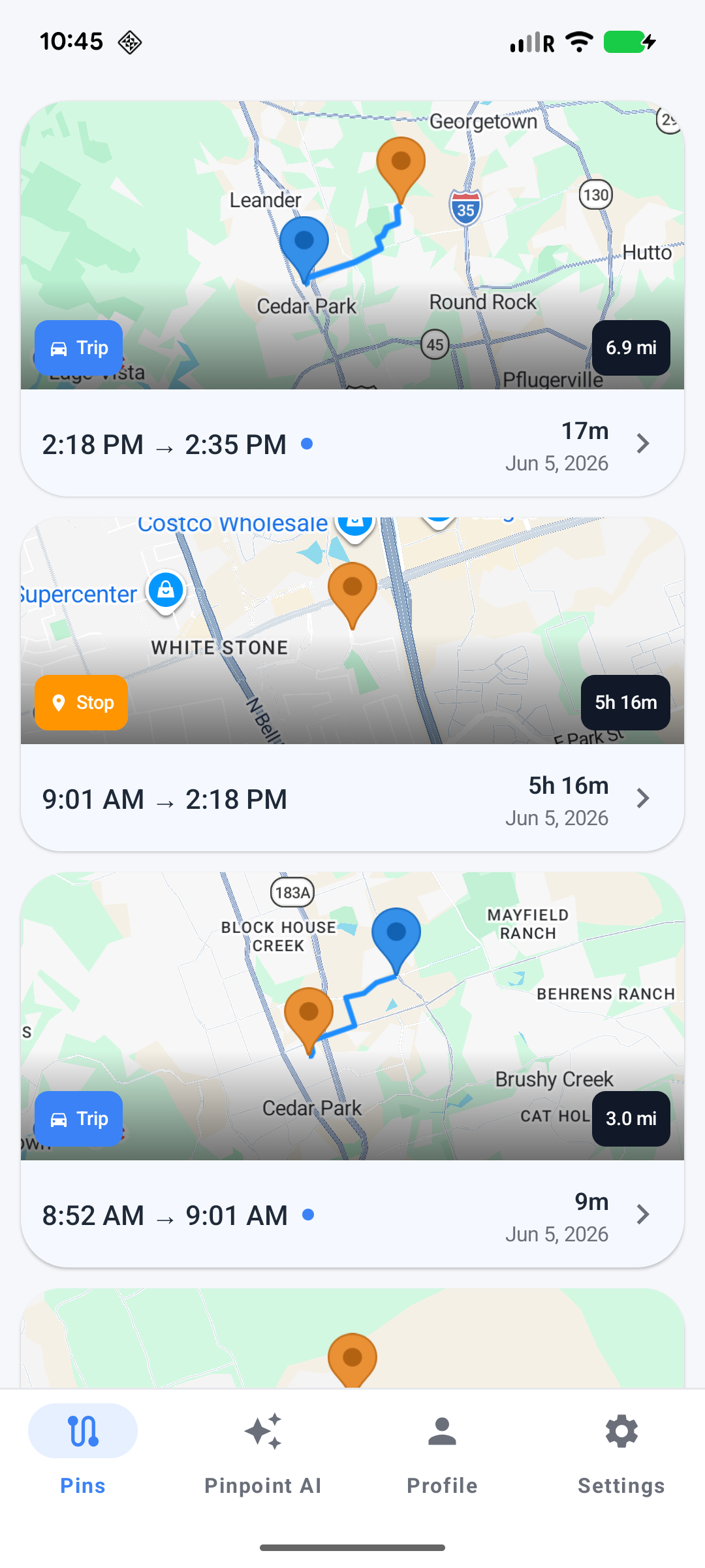Pinpoint for Android — trip history